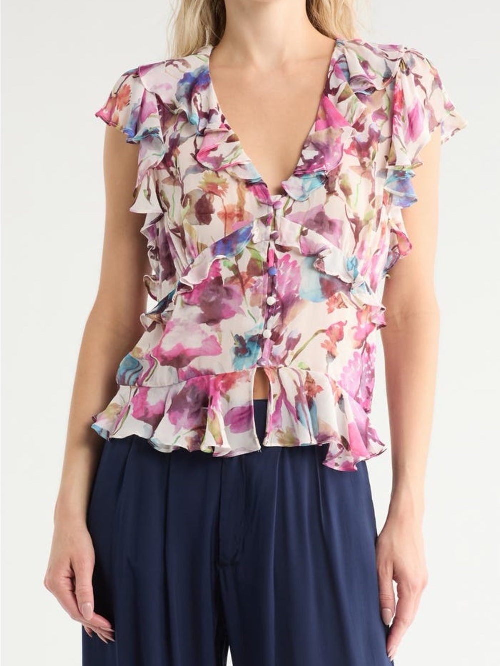 Jason Wu Pink Multi Floral Ruffle V-Neck Blouse Size Medium BNWT